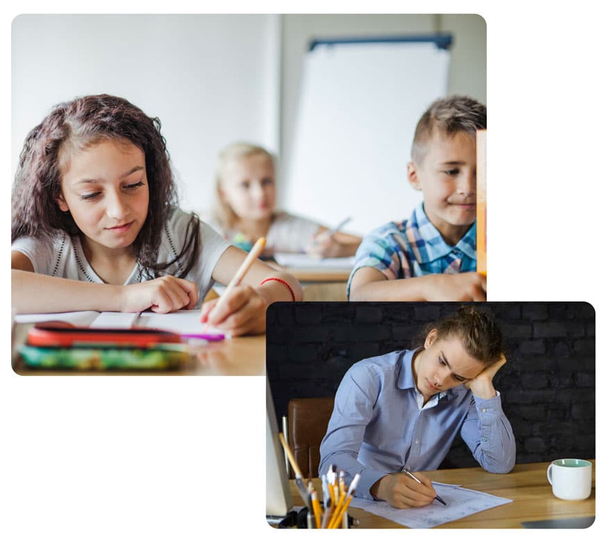 Des enfants qui écrivent en classe. Un adolescent, chez lui, qui fait ses devoirs mais qui rencontre des difficultés pour écrire.